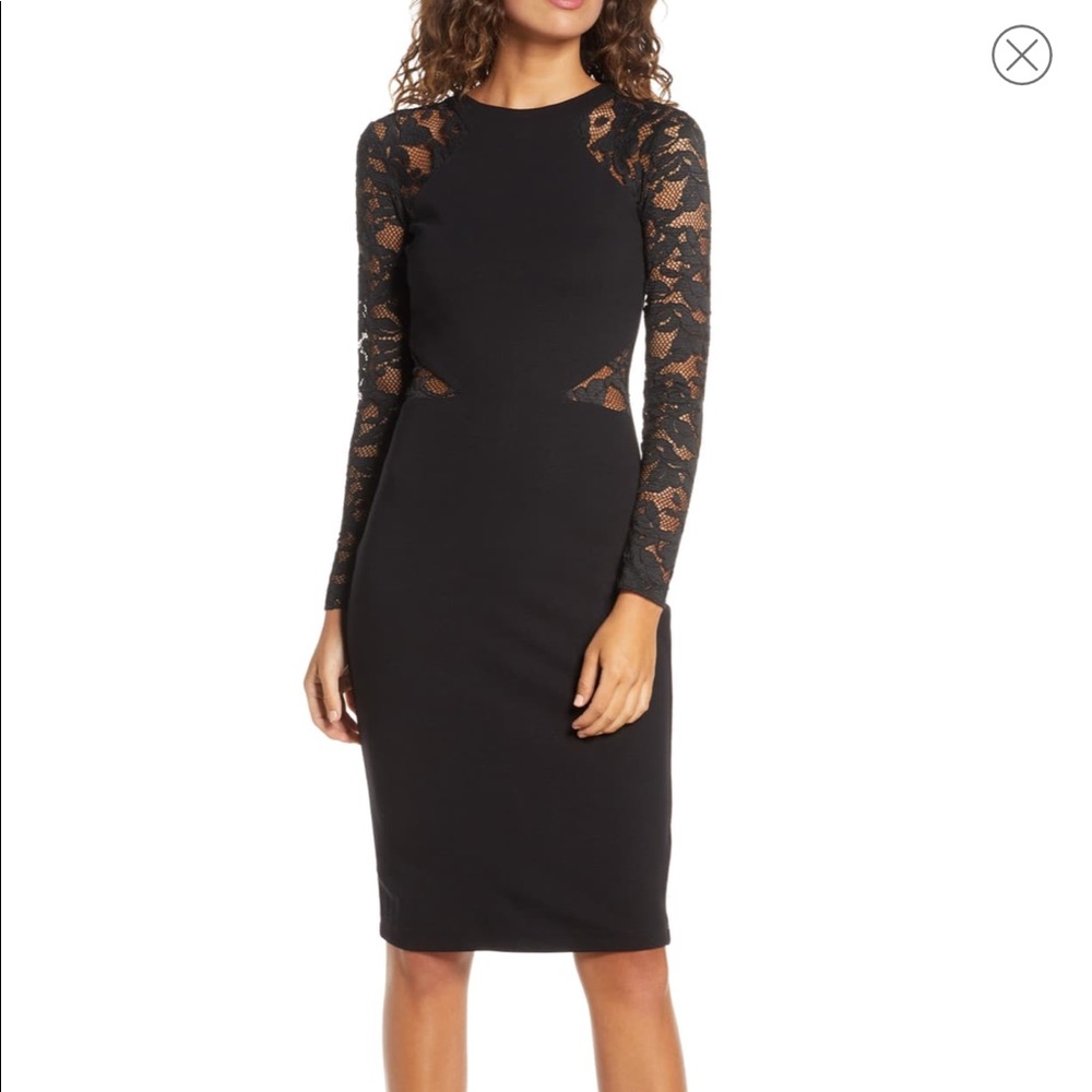 FRENCH CONNECTION STRETCH BLACK LACE CUTOUT DRESS